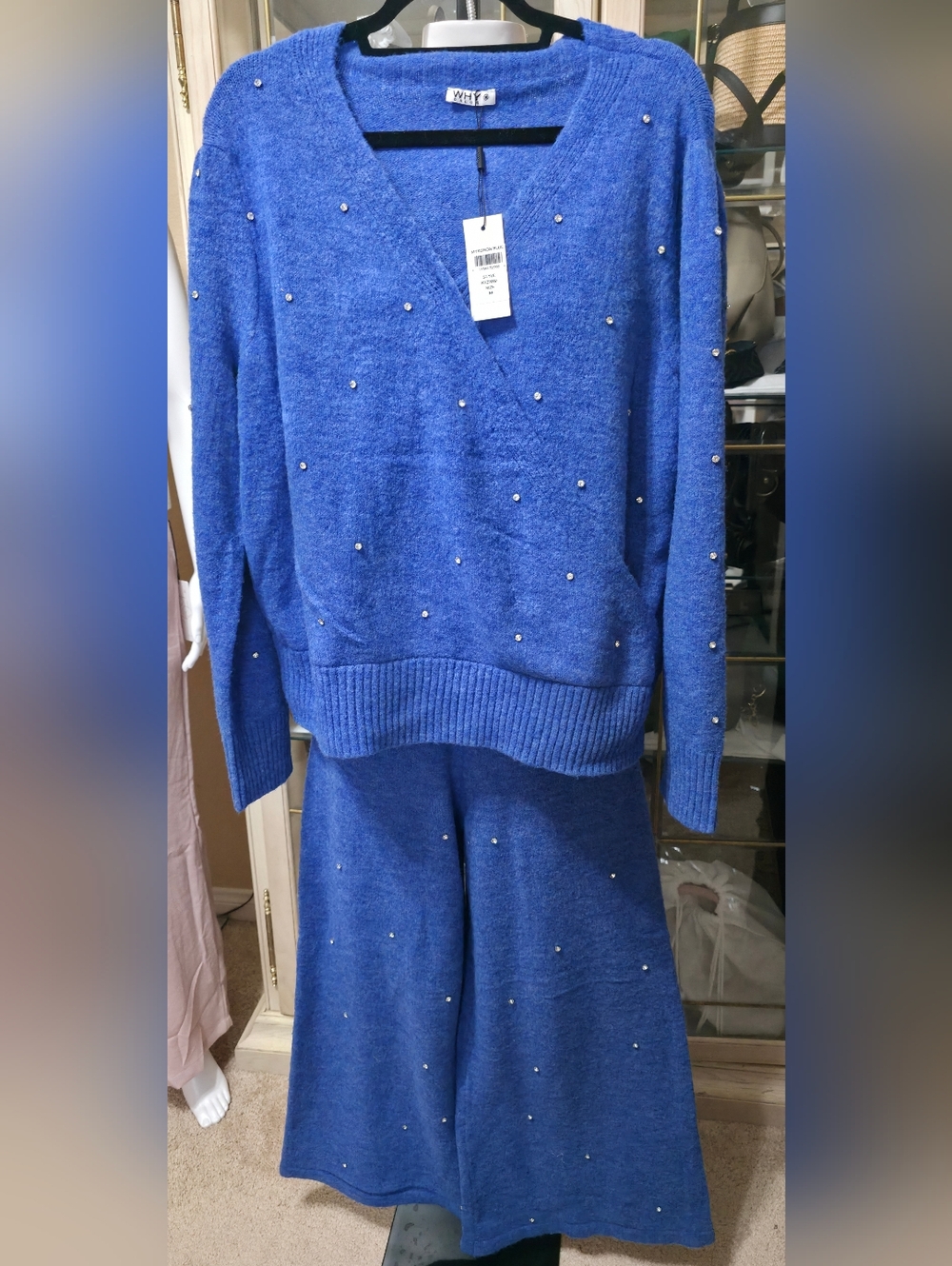 Rhinestone Embellished V-Neck Sweater And Pants Set
